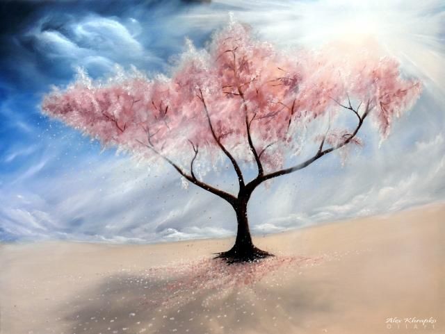 Painting titled "Cherry tree" by Oilart, Original Artwork, Oil