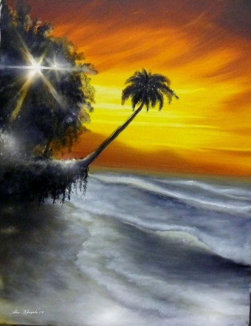 Картина под названием "Sunset on the beach" - Oilart, Подлинное произведение искусства, Масло