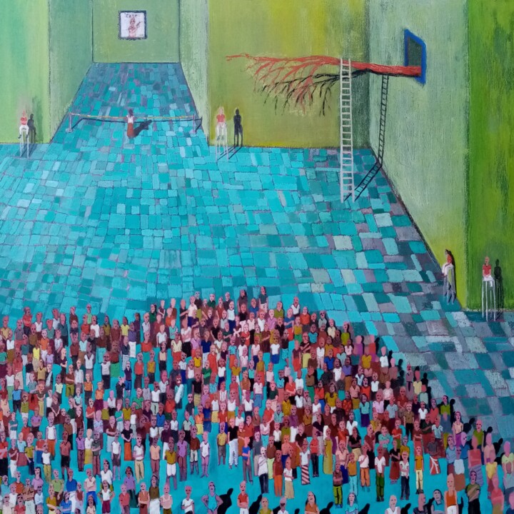 Painting titled "La foule dans le mu…" by Fernando Cometto, Original Artwork, Oil Mounted on Wood Stretcher frame