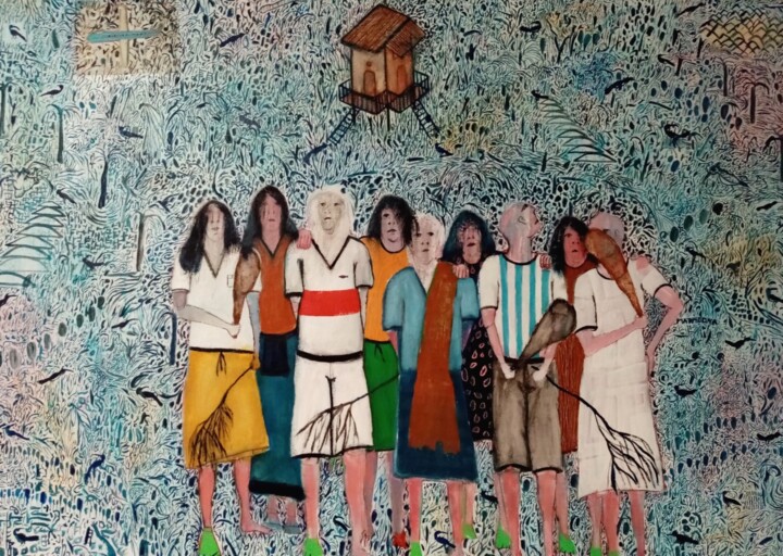 Картина под названием "La Familia." - Fernando Cometto, Подлинное произведение искусства, Масло Установлен на Деревянная пан…