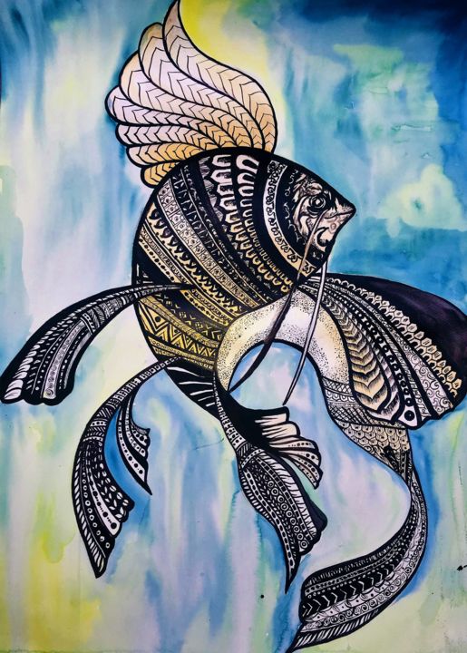 Painting titled "The Flying Fish" by Gokullish, Original Artwork, Ink