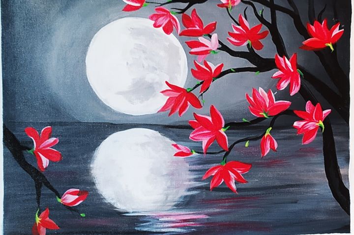 Painting titled "Moon and the flowers" by Gokullish, Original Artwork, Acrylic
