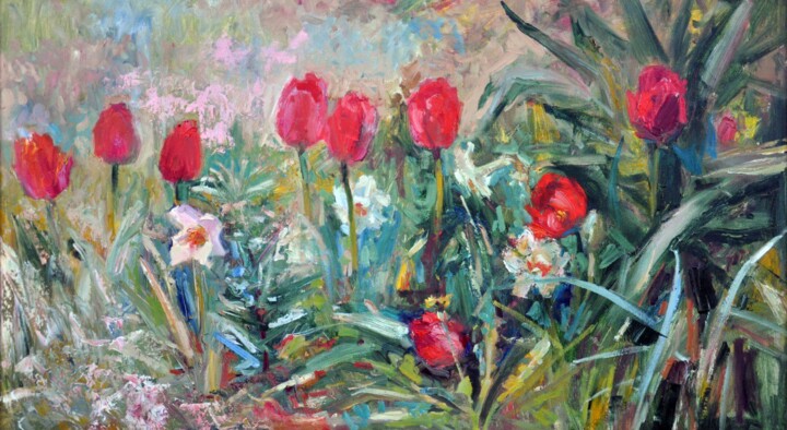 Painting titled "Tulips" by Oksana Begma, Original Artwork, Oil