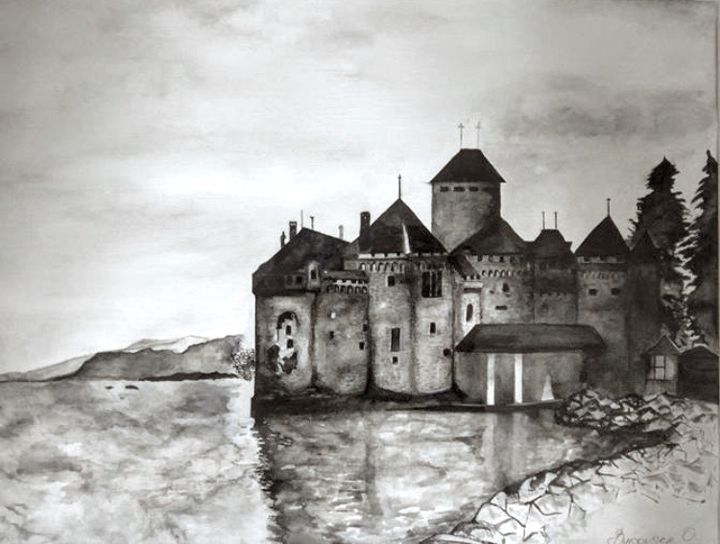 Painting titled "Château de Chillon" by Oksana Bykovska, Original Artwork, Watercolor