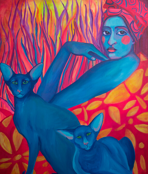 Painting titled ""Blue Cats"" by Oksana Chumakova, Original Artwork, Acrylic