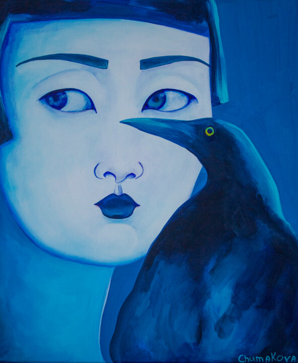 Schilderij getiteld "Blue Bird" door Oksana Chumakova, Origineel Kunstwerk, Acryl Gemonteerd op Frame voor houten brancard