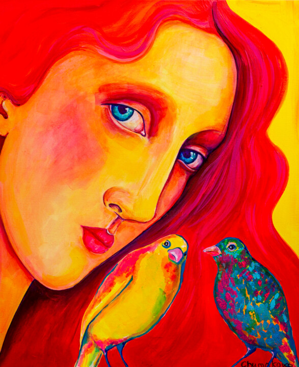 Malerei mit dem Titel "Yellow bird." von Oksana Chumakova, Original-Kunstwerk, Acryl