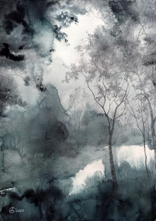 Drawing titled "Water in the forest" by Oksana Duchenchuk, Original Artwork, Watercolor