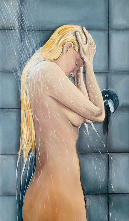 Painting titled "Girl in the Shower…" by Oksana Gilmanova, Original Artwork, Acrylic