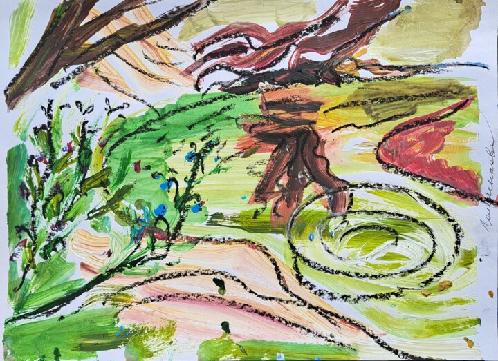 Pintura titulada "Колено реки" por Oksana Golichenkova, Obra de arte original, Témpera