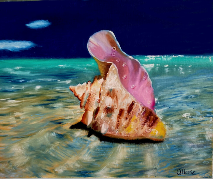 Painting titled "Seashell Painting N…" by Oksana Harris, Original Artwork, Oil