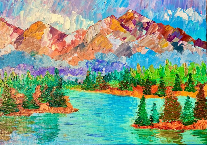 Schilderij getiteld "Lake  Painting Orig…" door Oksana Harris, Origineel Kunstwerk, Olie