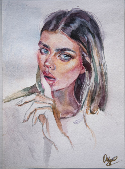 Drawing titled "Young girl" by Oksana Izmailova, Original Artwork, Watercolor