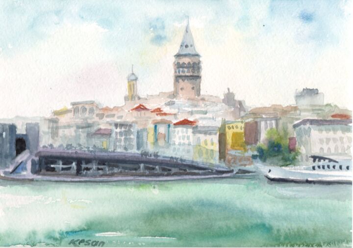 Painting titled "View of the Galata…" by Oksana Khyzhniak, Original Artwork, Watercolor