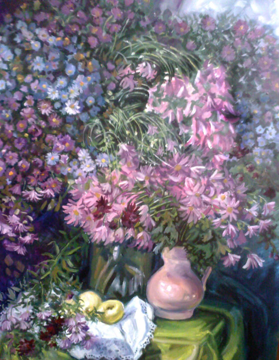 Картина под названием "Chrysanthemum" - Oksana Lescenko, Подлинное произведение искусства, Масло