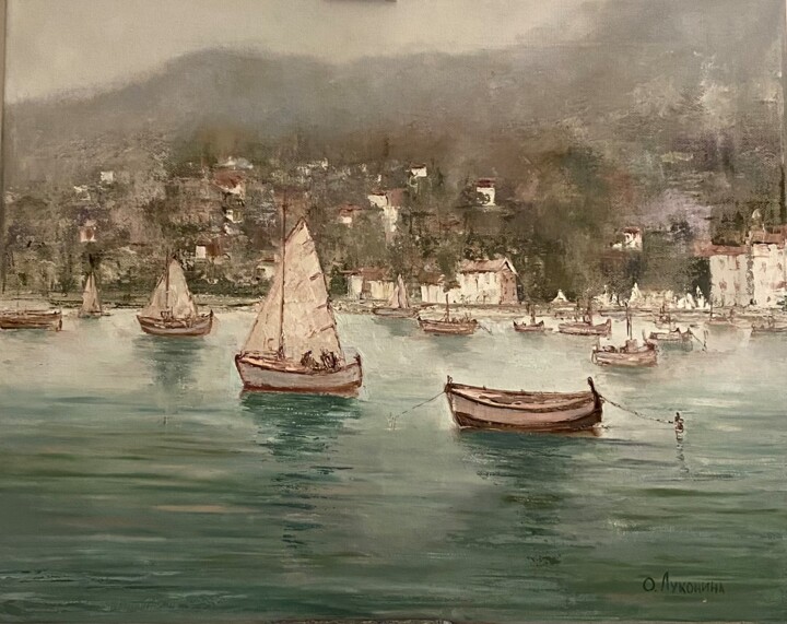 Painting titled "Boat trip" by Oksana Lukonina, Original Artwork, Oil Mounted on Wood Stretcher frame
