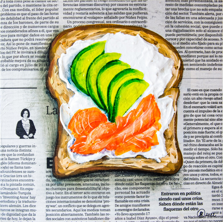 Painting titled "Toast Painting Food…" by Oksana Shevchenko, Original Artwork, Oil Mounted on Wood Panel