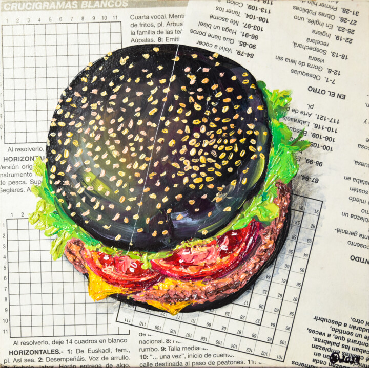 Painting titled "Burger Newspaper Oi…" by Oksana Shevchenko, Original Artwork, Oil