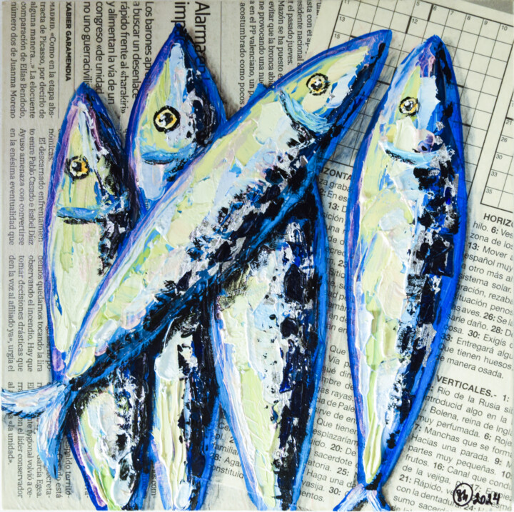 Schilderij getiteld "Sardine Fish Blue O…" door Oksana Shevchenko, Origineel Kunstwerk, Olie