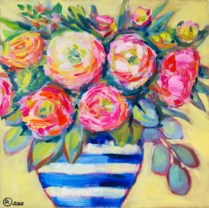 Painting titled "Abstract Flowers Wh…" by Oksana Shevchenko, Original Artwork, Oil
