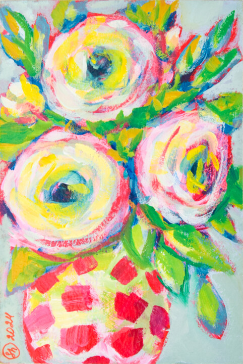 Painting titled "Pink Floral Wall Ar…" by Oksana Shevchenko, Original Artwork, Oil
