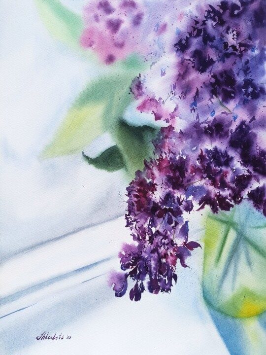 Painting titled "Delicate lilac in a…" by Oksana Shkrebets, Original Artwork, Watercolor