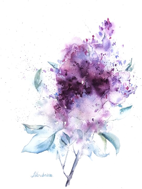 Pintura titulada "Lilac branch, Origi…" por Oksana Shkrebets, Obra de arte original, Acuarela