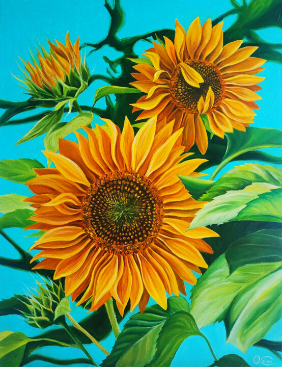 Schilderij getiteld ""Sunny flowers"" door Oksana Sklym, Origineel Kunstwerk, Olie Gemonteerd op Frame voor houten brancard