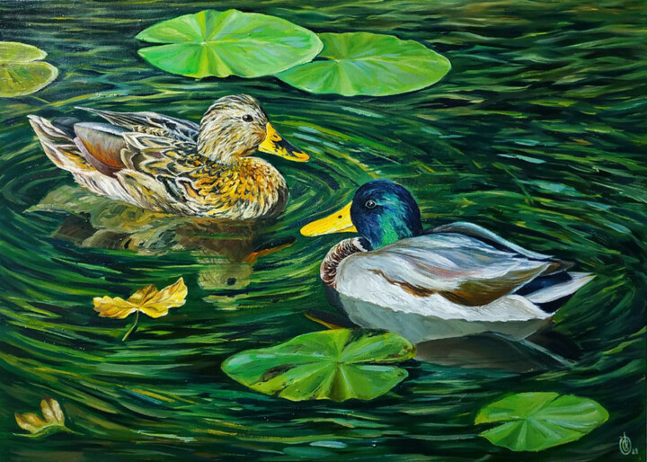 Painting titled "Swimming ducks" by Oksana Sklym, Original Artwork, Oil Mounted on Wood Stretcher frame