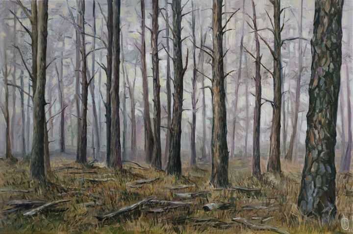 Malerei mit dem Titel "Misty forest" von Oksana Sklym, Original-Kunstwerk, Öl Auf Keilrahmen aus Holz montiert