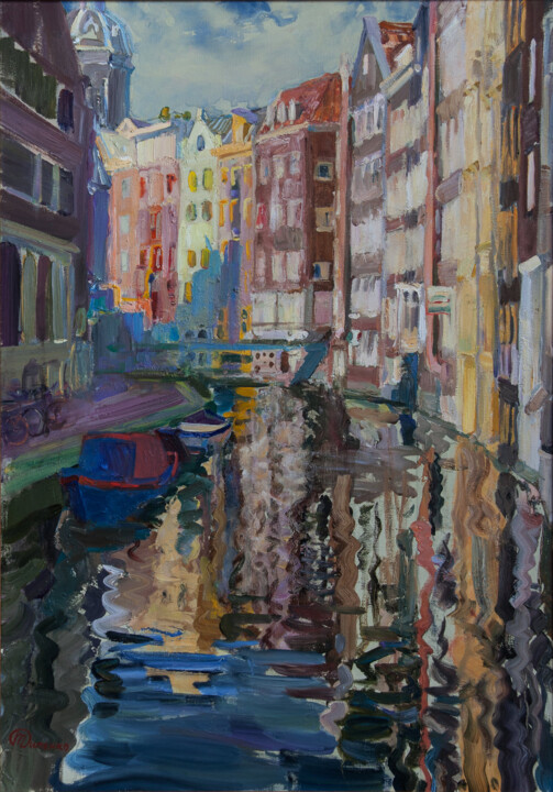 Painting titled "amsterdam canal" by Oksana Tytenko, Original Artwork, Oil