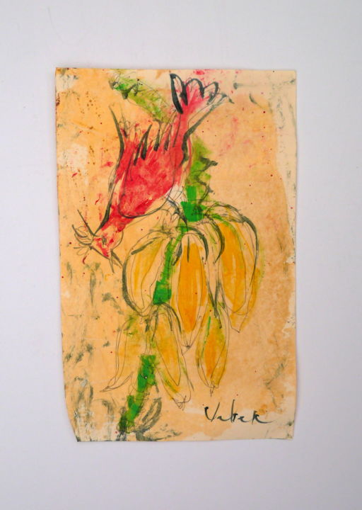 Painting titled "Bird and Bananas" by Oksana Veber, Original Artwork, Acrylic