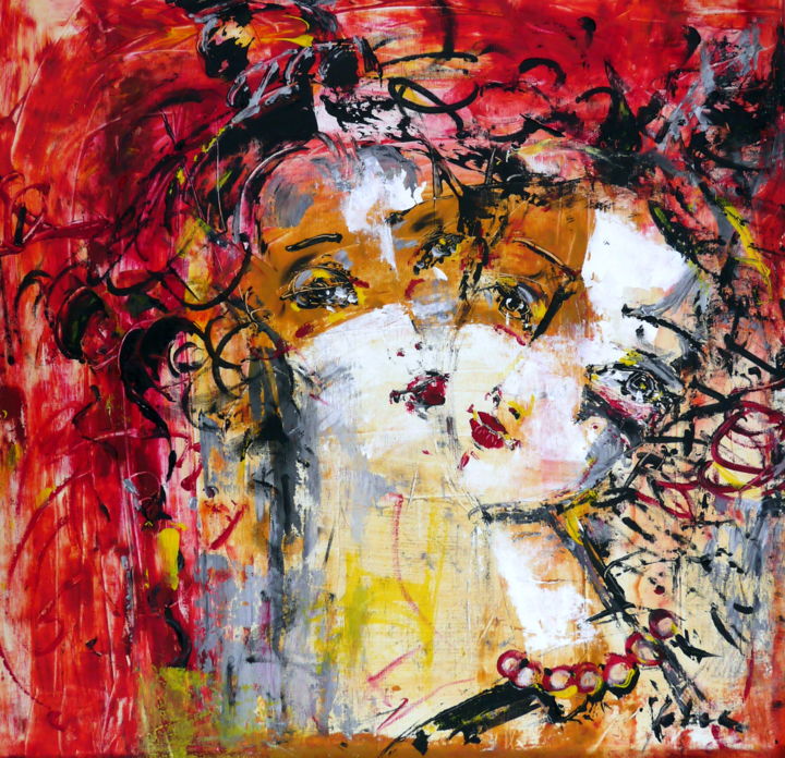 Painting titled "Soulmates connection" by Oksana Veber, Original Artwork, Acrylic Mounted on Wood Stretcher frame