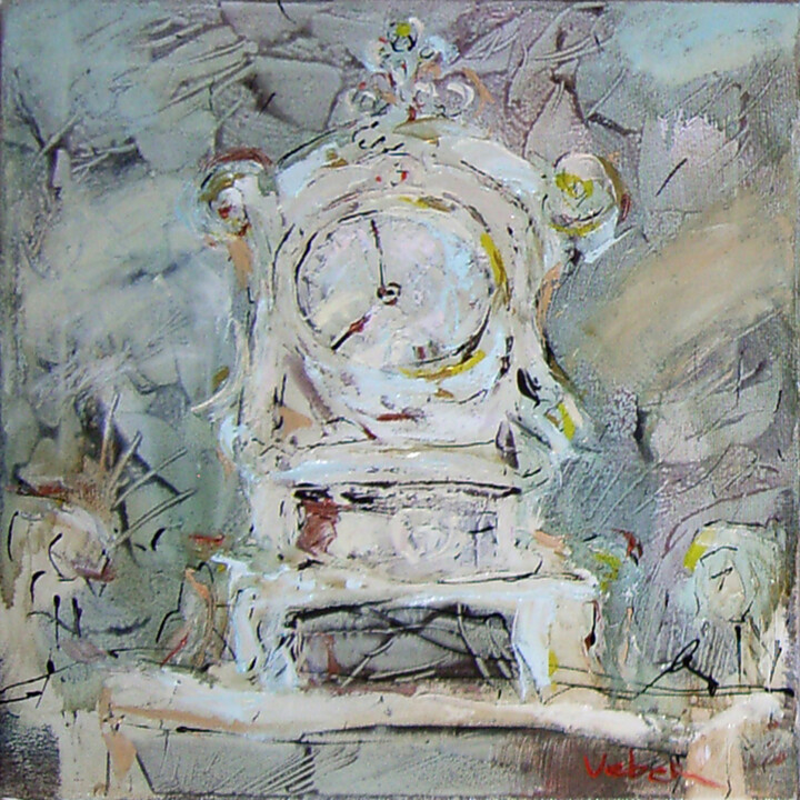 Painting titled "Old clock memory's" by Oksana Veber, Original Artwork, Oil Mounted on Wood Stretcher frame