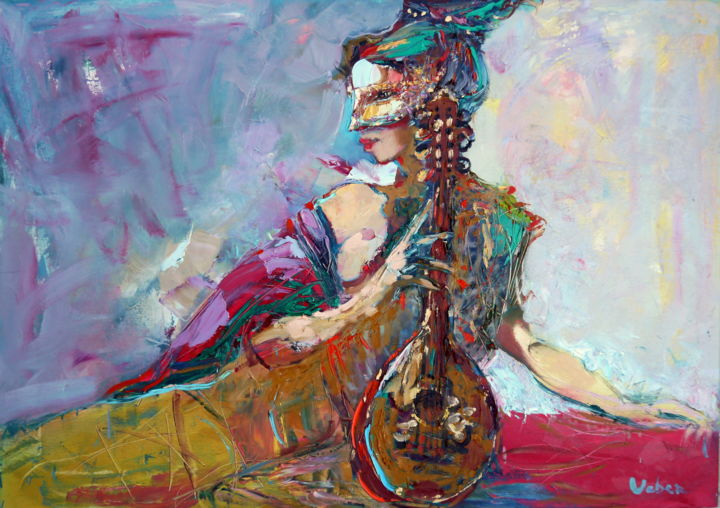 Painting titled "Masked lady musician" by Oksana Veber, Original Artwork, Oil Mounted on Wood Stretcher frame