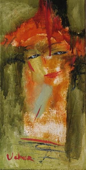 Painting titled "Portrait in a red h…" by Oksana Veber, Original Artwork, Oil Mounted on Wood Stretcher frame