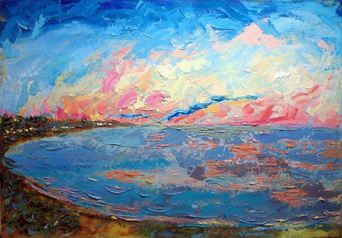 Painting titled "Sunset in Tenerife" by Oksana Veber, Original Artwork, Oil Mounted on Wood Stretcher frame