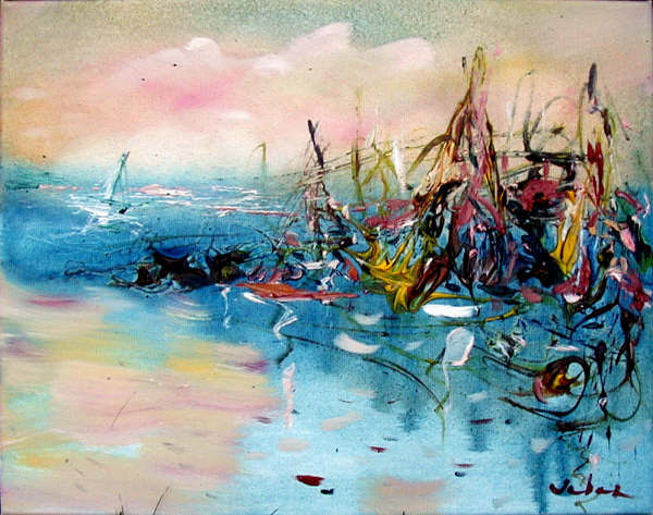 Painting titled "Marina light" by Oksana Veber, Original Artwork, Oil Mounted on Wood Stretcher frame