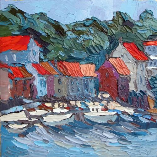 Painting titled "The island in Croat…" by Oksana Veber, Original Artwork, Oil Mounted on Wood Stretcher frame