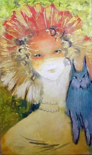 Painting titled "Portrait with a Cat" by Oksana Veber, Original Artwork, Oil Mounted on Wood Stretcher frame