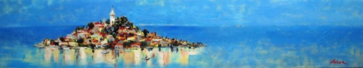 Painting titled "Croatian Island" by Oksana Veber, Original Artwork, Oil Mounted on Wood Stretcher frame