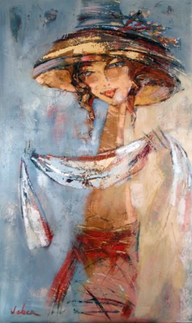 Painting titled "Portrait of lady in…" by Oksana Veber, Original Artwork, Oil Mounted on Wood Stretcher frame