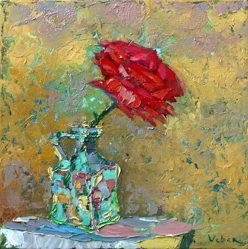 Painting titled "Rose in a glass bot…" by Oksana Veber, Original Artwork, Oil Mounted on Wood Stretcher frame