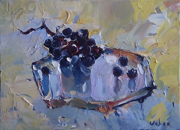 Painting titled "Black Grapes" by Oksana Veber, Original Artwork, Oil Mounted on Wood Stretcher frame