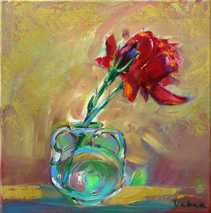 Painting titled "Rose and glass" by Oksana Veber, Original Artwork, Oil