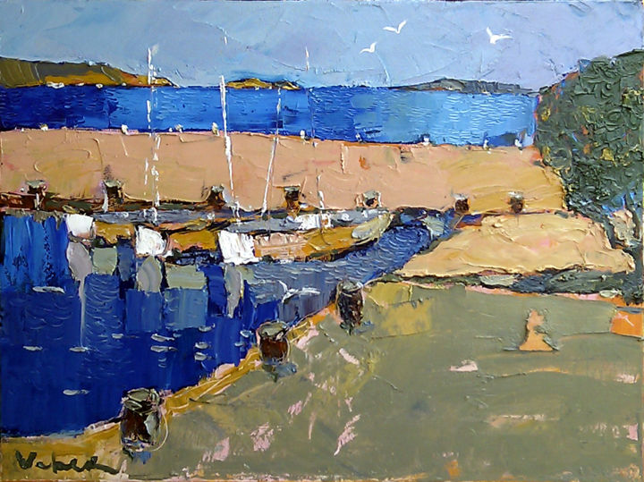 Painting titled "Resting boats" by Oksana Veber, Original Artwork, Oil Mounted on Wood Stretcher frame