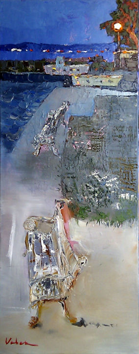 Painting titled "White benches" by Oksana Veber, Original Artwork, Oil Mounted on Wood Stretcher frame