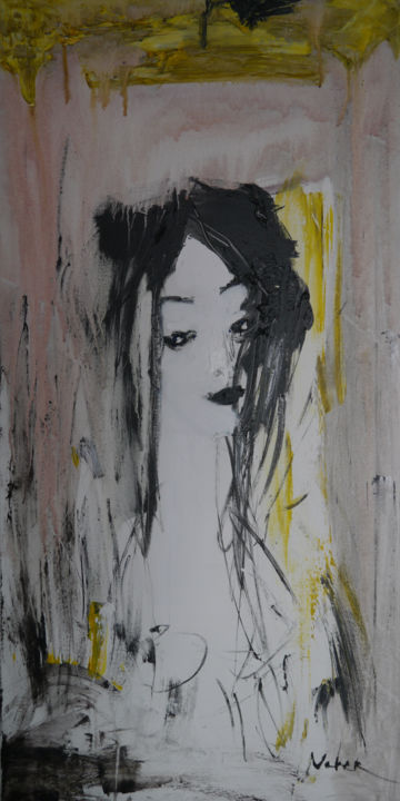 Painting titled "Girl" by Oksana Veber, Original Artwork, Oil Mounted on Wood Stretcher frame