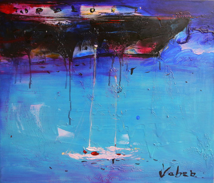 Painting titled "Boats meetup" by Oksana Veber, Original Artwork, Oil Mounted on Wood Stretcher frame