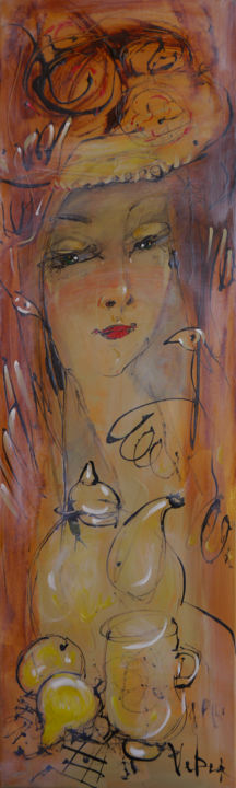 Painting titled "Tea visitors" by Oksana Veber, Original Artwork, Oil Mounted on Wood Stretcher frame